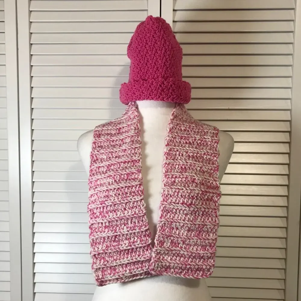 NWT Handmade Crocheted Kids Pink White Textured Beanie & Scarf 29”